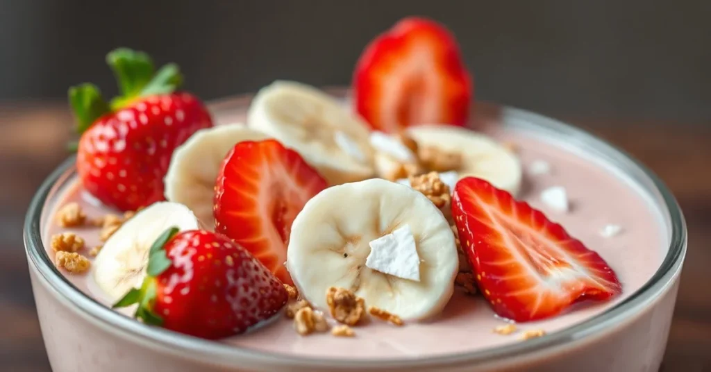 Delicious creamy smoothie bowl with fresh strawberries, banana slices, granola, and coconut flakes on top, vibrant and appeti