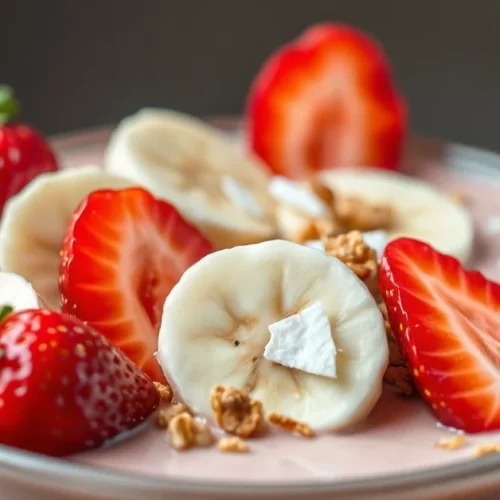 Delicious creamy smoothie bowl with fresh strawberries, banana slices, granola, and coconut flakes on top, vibrant and appeti