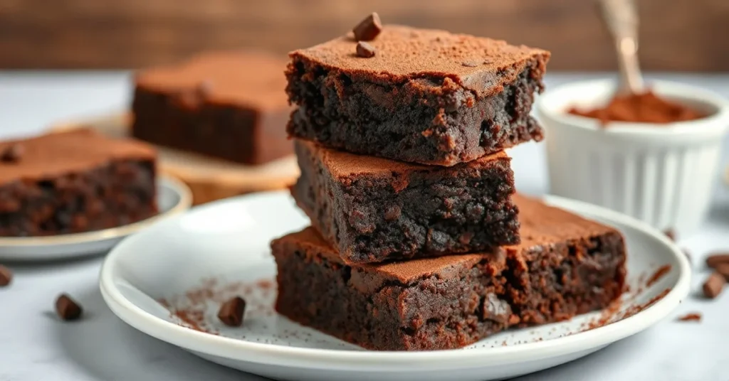 Delicious fudgy cocoa brownies stacked on white plate, rich chocolate color, dusted with cocoa powder, professional food phot