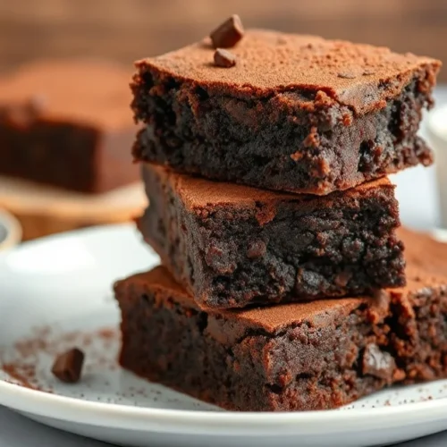 Delicious fudgy cocoa brownies stacked on white plate, rich chocolate color, dusted with cocoa powder, professional food phot