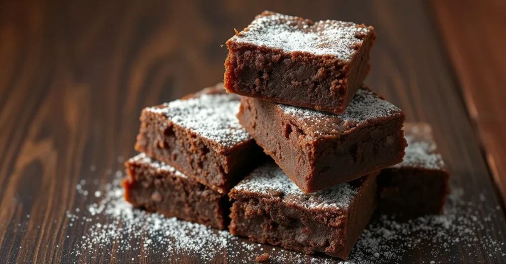 Delicious homemade chocolate brownies stacked and arranged on dark wooden surface, golden-brown edges, fudgy texture, dusted