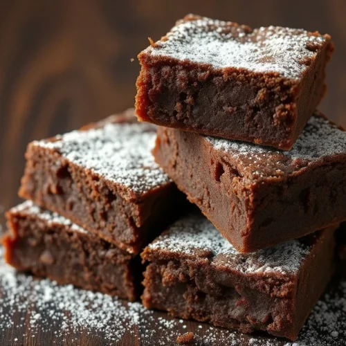 Delicious homemade chocolate brownies stacked and arranged on dark wooden surface, golden-brown edges, fudgy texture, dusted