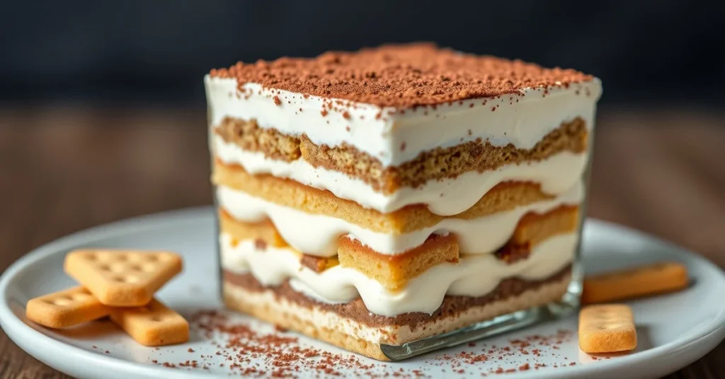 Delicious homemade tiramisu dessert layered with mascarpone cream, cocoa powder topping, ladyfinger biscuits, elegant Italian