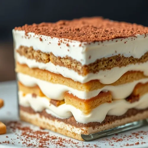 Delicious homemade tiramisu dessert layered with mascarpone cream, cocoa powder topping, ladyfinger biscuits, elegant Italian