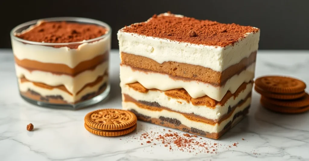 Delicious Speculoos Tiramisu dessert with cocoa powder topping, layered cream and cookies, professional food photography on m