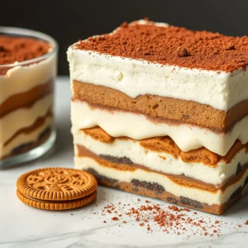 Delicious Speculoos Tiramisu dessert with cocoa powder topping, layered cream and cookies, professional food photography on m