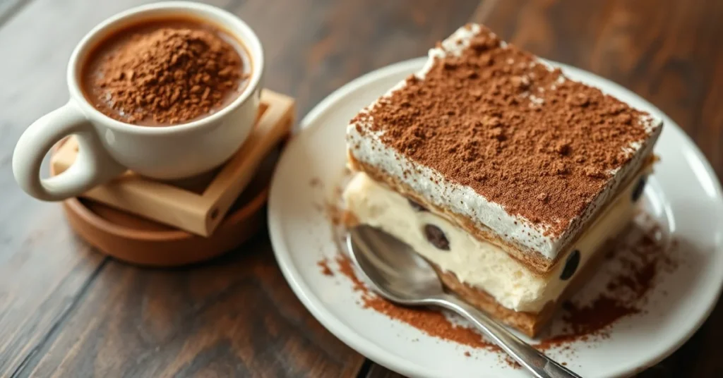 Delicious tiramisu without mascarpone topped with cocoa powder, elegant Italian dessert served on white plate with coffee cup