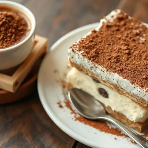 Delicious tiramisu without mascarpone topped with cocoa powder, elegant Italian dessert served on white plate with coffee cup