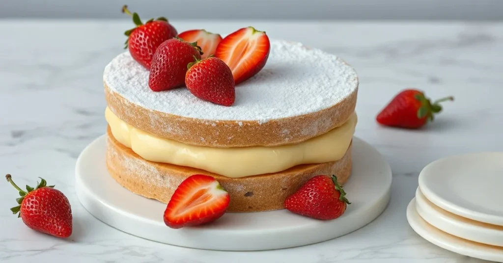 Elegant French Fraisier cake with fresh strawberries and creamy custard filling, professional pastry presentation on marble s