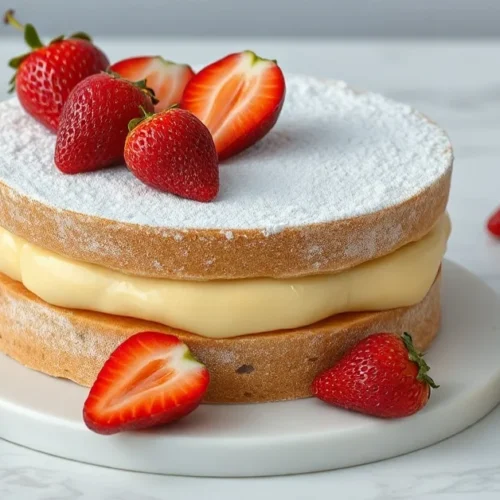 Elegant French Fraisier cake with fresh strawberries and creamy custard filling, professional pastry presentation on marble s