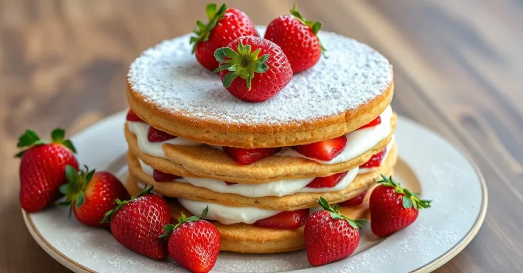 Elegant French fraisier cake with fresh strawberries, layers of pastry cream and biscuits, professional pastry photography, g