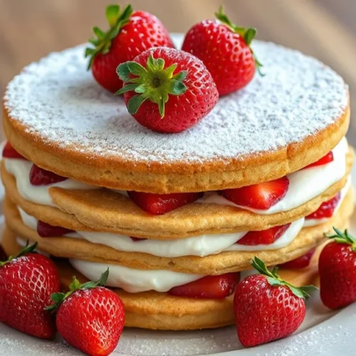 Elegant French fraisier cake with fresh strawberries, layers of pastry cream and biscuits, professional pastry photography, g