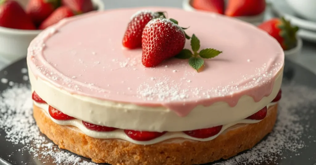 Elegant French Fraisier cake with pink almond paste topping, fresh strawberries visible, professional patisserie presentation