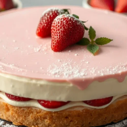 Elegant French Fraisier cake with pink almond paste topping, fresh strawberries visible, professional patisserie presentation