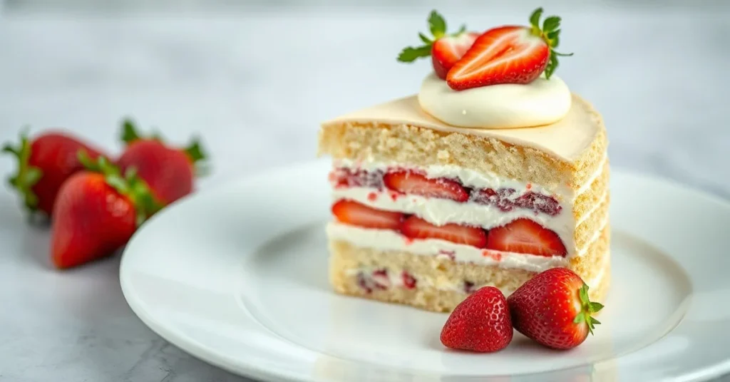 Elegant French Fraisier layer cake with fresh strawberries, vanilla cream, and delicate sponge cake on white plate, professio