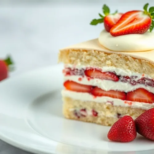 Elegant French Fraisier layer cake with fresh strawberries, vanilla cream, and delicate sponge cake on white plate, professio