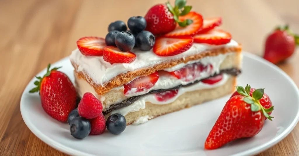 Elegant French fraisier strawberry cake with fresh berries, cream layers, and perfect presentation on white plate, profession