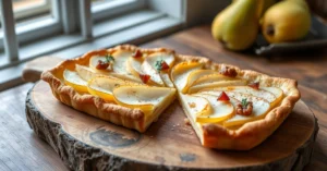Elegant French pear and roquefort tart on rustic wooden board, fresh pear slices arranged beautifully, creamy roquefort filli