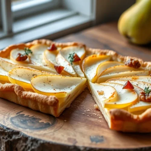 Elegant French pear and roquefort tart on rustic wooden board, fresh pear slices arranged beautifully, creamy roquefort filli