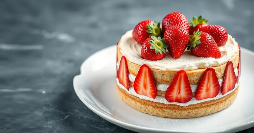 Elegant French strawberry cake fraisier topped with fresh red strawberries, creamy layers visible on sides, professional pati