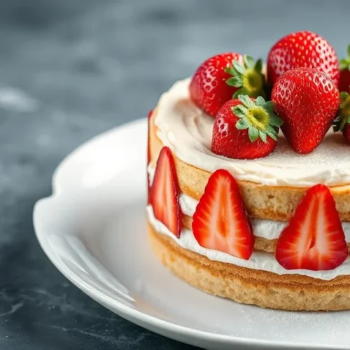 Elegant French strawberry cake fraisier topped with fresh red strawberries, creamy layers visible on sides, professional pati