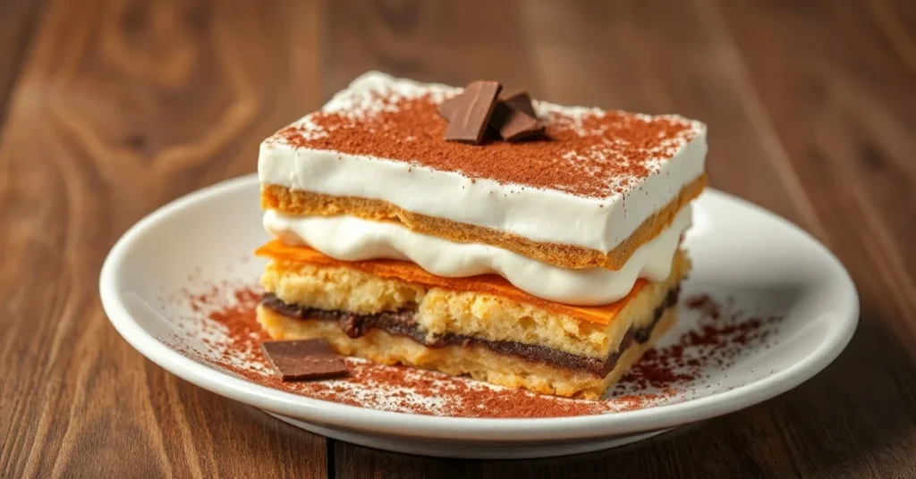 Elegant Italian tiramisu dessert in white ceramic dish, creamy mascarpone layers, cocoa powder dusting, dark chocolate shavin