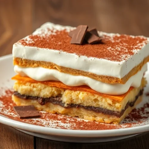Elegant Italian tiramisu dessert in white ceramic dish, creamy mascarpone layers, cocoa powder dusting, dark chocolate shavin