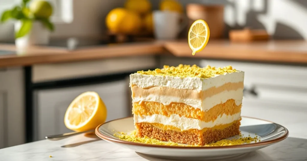 Elegant lemon tiramisu dessert with fresh lemon zest, pistachio powder, delicate layers, professional food photography, brigh