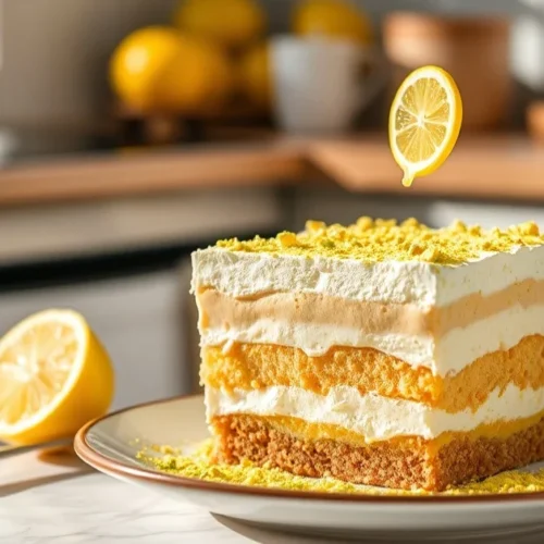 Elegant lemon tiramisu dessert with fresh lemon zest, pistachio powder, delicate layers, professional food photography, brigh