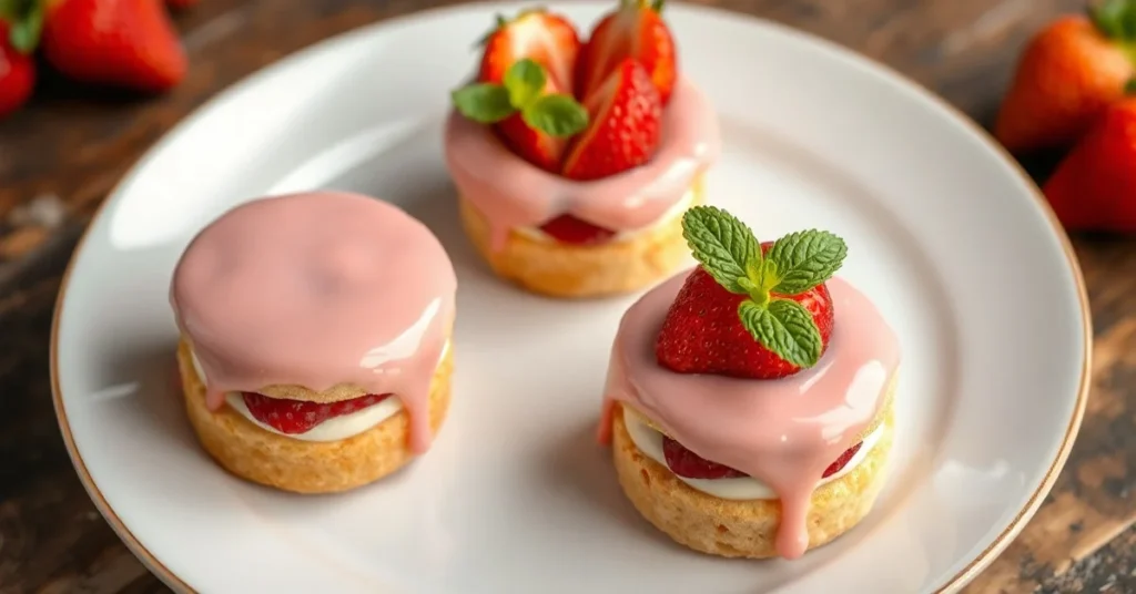 Elegant plated mini strawberry cakes with fresh strawberries, cream filling, and glossy pink glaze, garnished with mint, prof