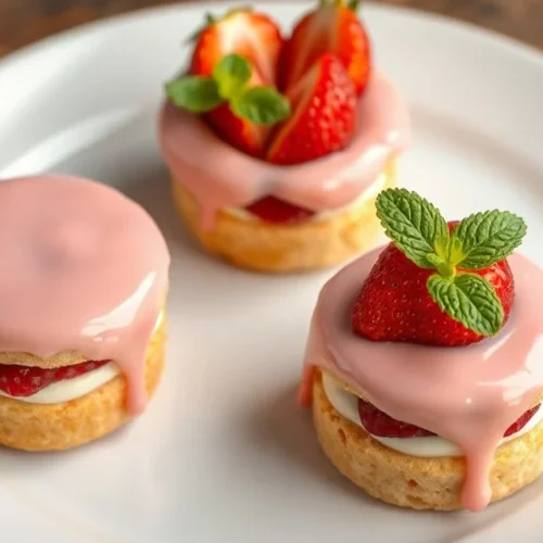 Elegant plated mini strawberry cakes with fresh strawberries, cream filling, and glossy pink glaze, garnished with mint, prof