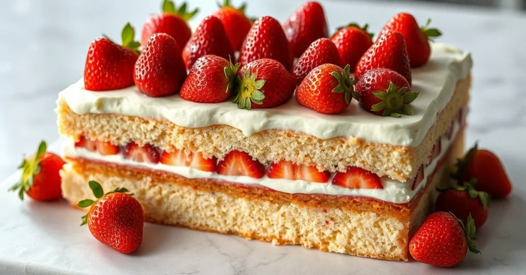 Elegant rectangular fraisier cake with fresh strawberries, smooth vanilla buttercream frosting, almond sponge cake layers, pr