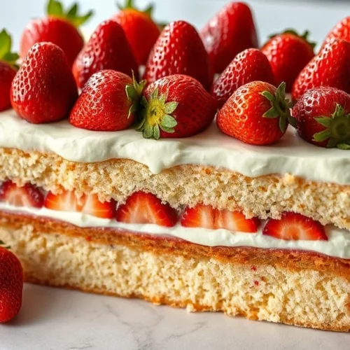 Elegant rectangular fraisier cake with fresh strawberries, smooth vanilla buttercream frosting, almond sponge cake layers, pr