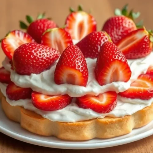 Elegant strawberry fraisier pastry with diplomatic cream, fresh strawberries arranged beautifully on top, classic French pati
