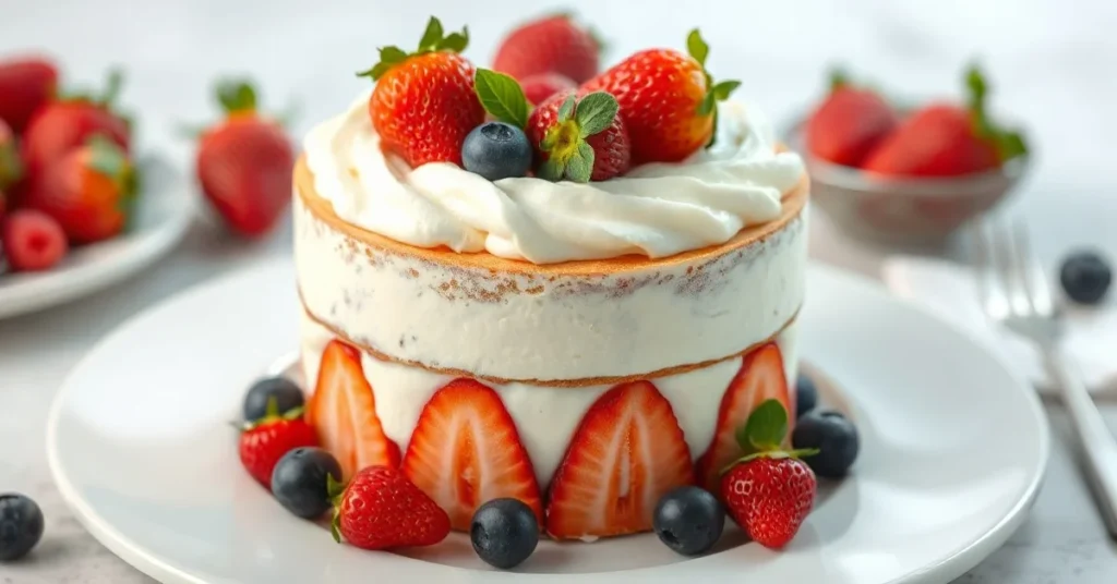 Elegant strawberry mascarpone cake with fresh berries on top, creamy filling, professional food photography, dessert masterpi