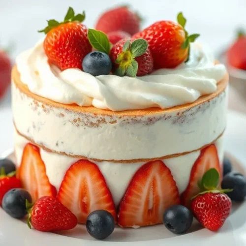 Elegant strawberry mascarpone cake with fresh berries on top, creamy filling, professional food photography, dessert masterpi