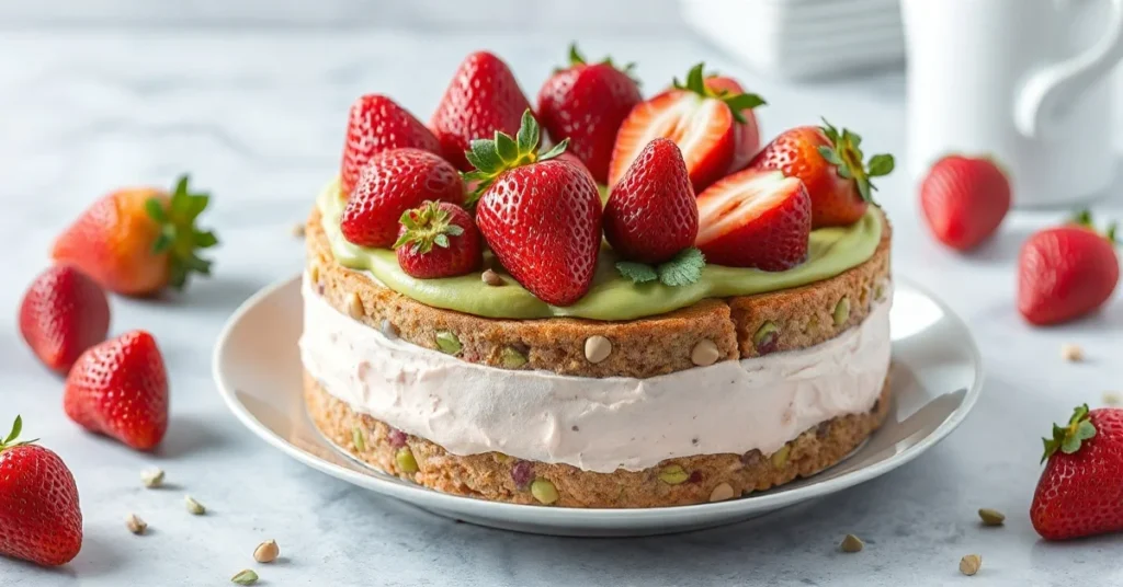 Elegant strawberry pistachio fraisier cake with fresh red strawberries, green cream layer, delicate presentation, professiona