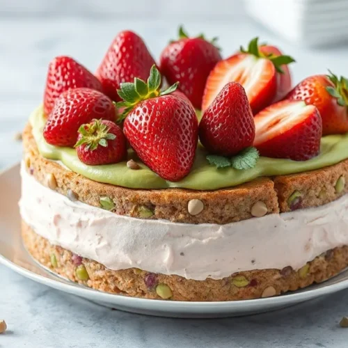 Elegant strawberry pistachio fraisier cake with fresh red strawberries, green cream layer, delicate presentation, professiona