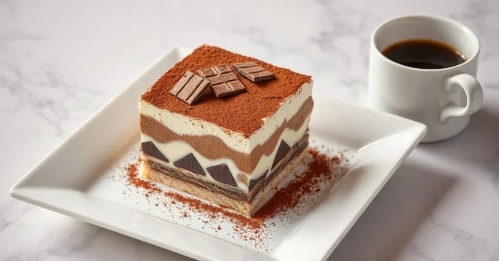 Elegant tiramisu au chocolat served in square white plate, dusted with cocoa powder, chocolate shavings on top, coffee cup be