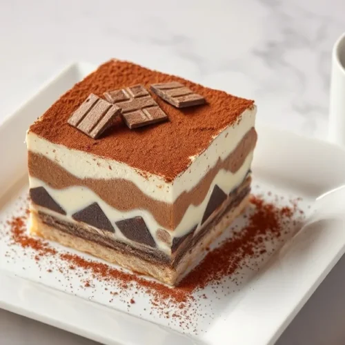 Elegant tiramisu au chocolat served in square white plate, dusted with cocoa powder, chocolate shavings on top, coffee cup be