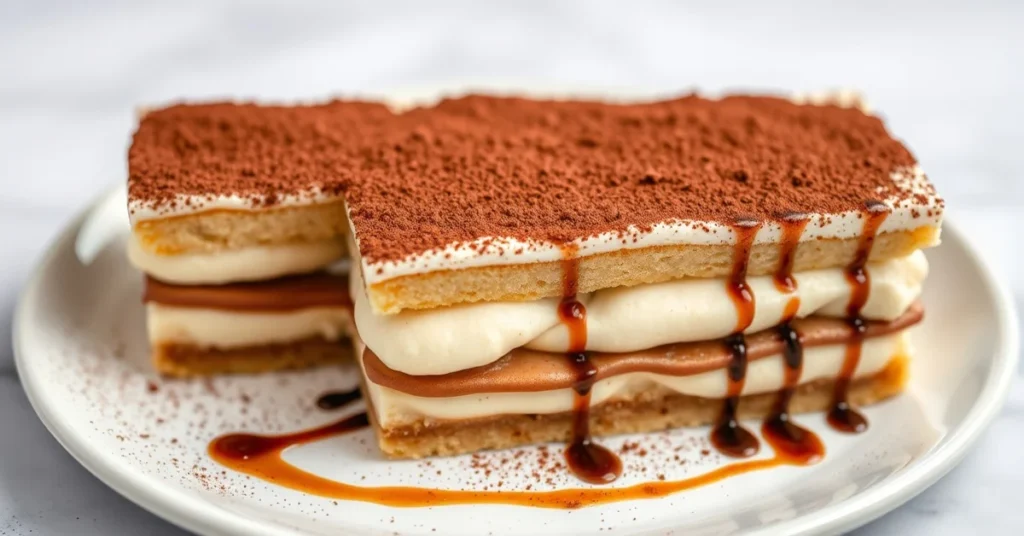 Elegant tiramisu dessert with cocoa powder dusting, mascarpone cream layers, ladyfinger biscuits, coffee drizzle, professiona