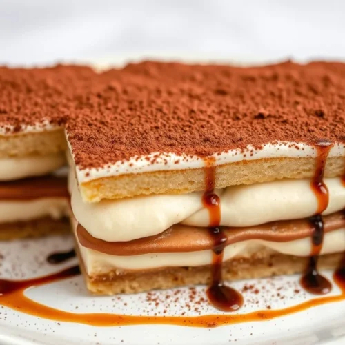 Elegant tiramisu dessert with cocoa powder dusting, mascarpone cream layers, ladyfinger biscuits, coffee drizzle, professiona