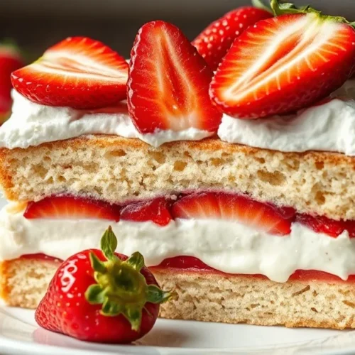 Exquisite gluten-free strawberry fraisier dessert with layers of sponge cake, pastry cream, fresh red strawberries, showcased