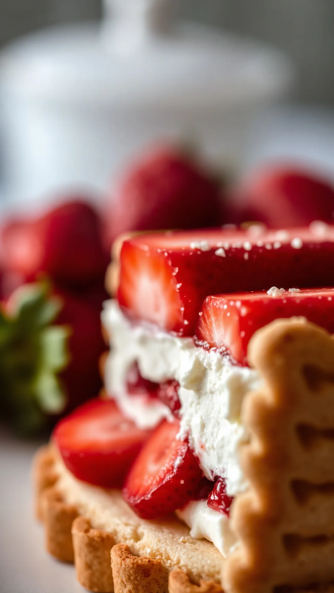 Extreme close-up detail of sliced fraisier showing creamy layers, fresh strawberries, and delicate biscuit, gourmet pastry ma