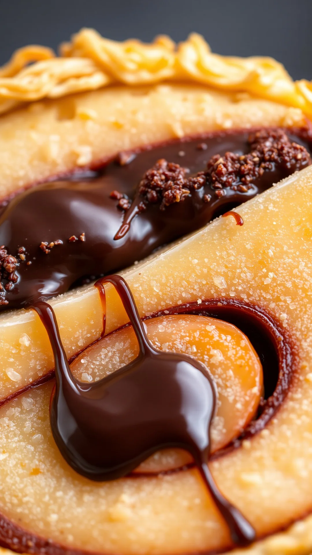 Extreme close-up macro shot of chocolate pear tart cross-section, melting dark chocolate center, tender pear flesh, crispy pa