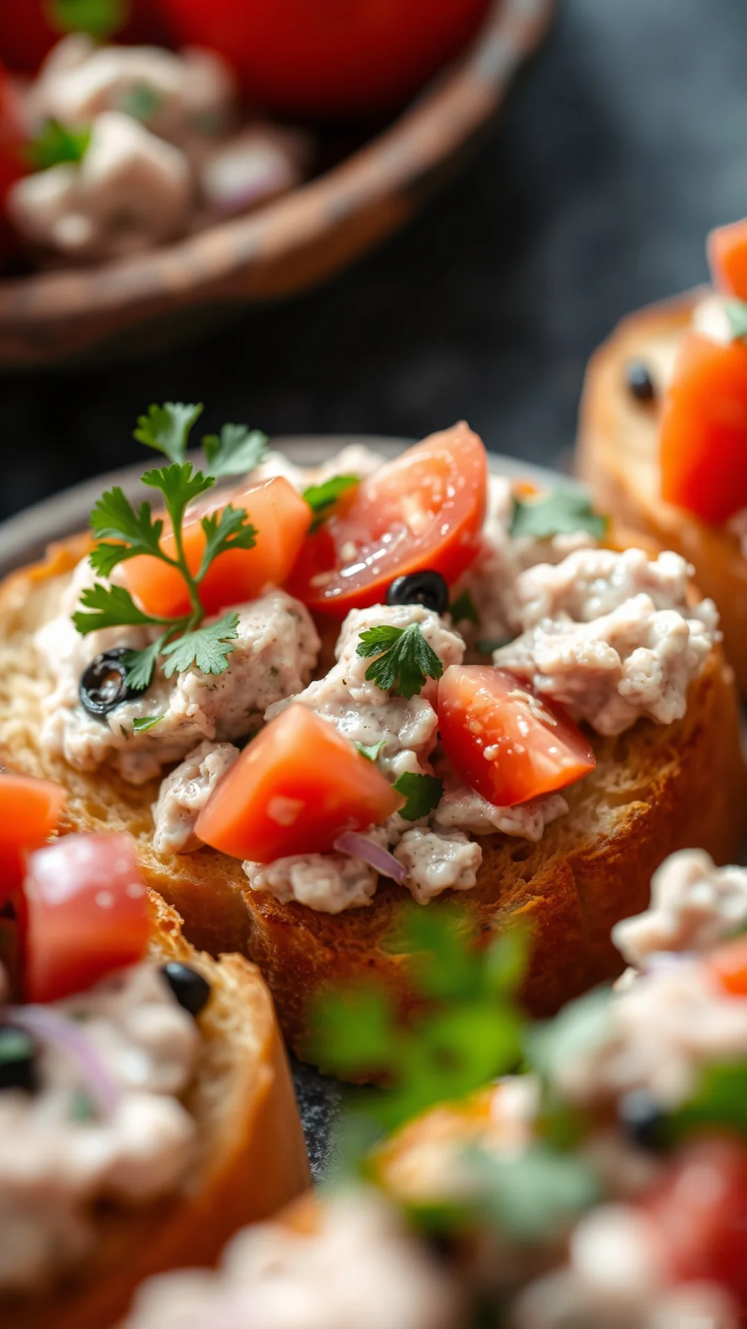 Extreme close-up macro shot of tuna bruschetta topped with diced tomatoes, fresh parsley, golden bread, creamy tuna mixture,