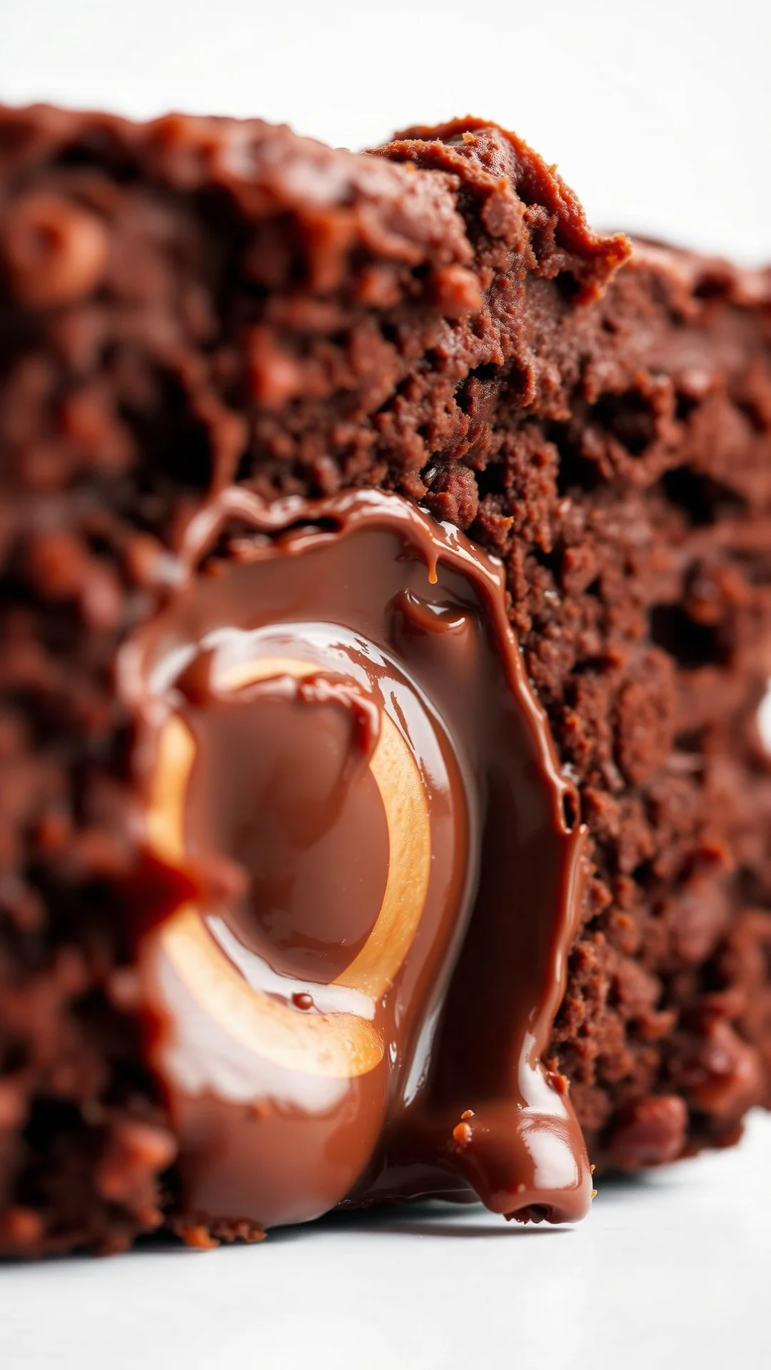 Extreme close-up of a melting Nutella brownie square, gooey chocolate center, hazelnut swirl detail visible, studio lighting,