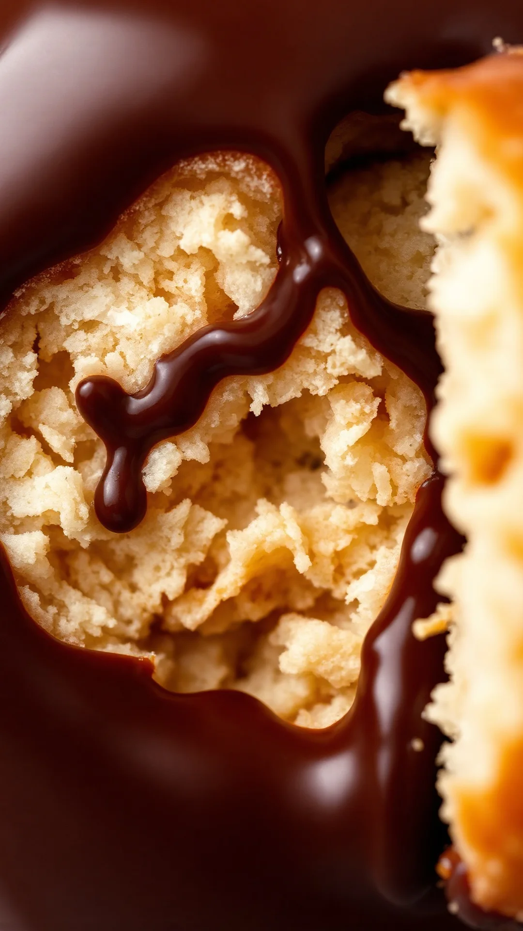 Extreme close-up of chocolate glazed donut cross-section showing fluffy interior texture, rich chocolate coating dripping, go