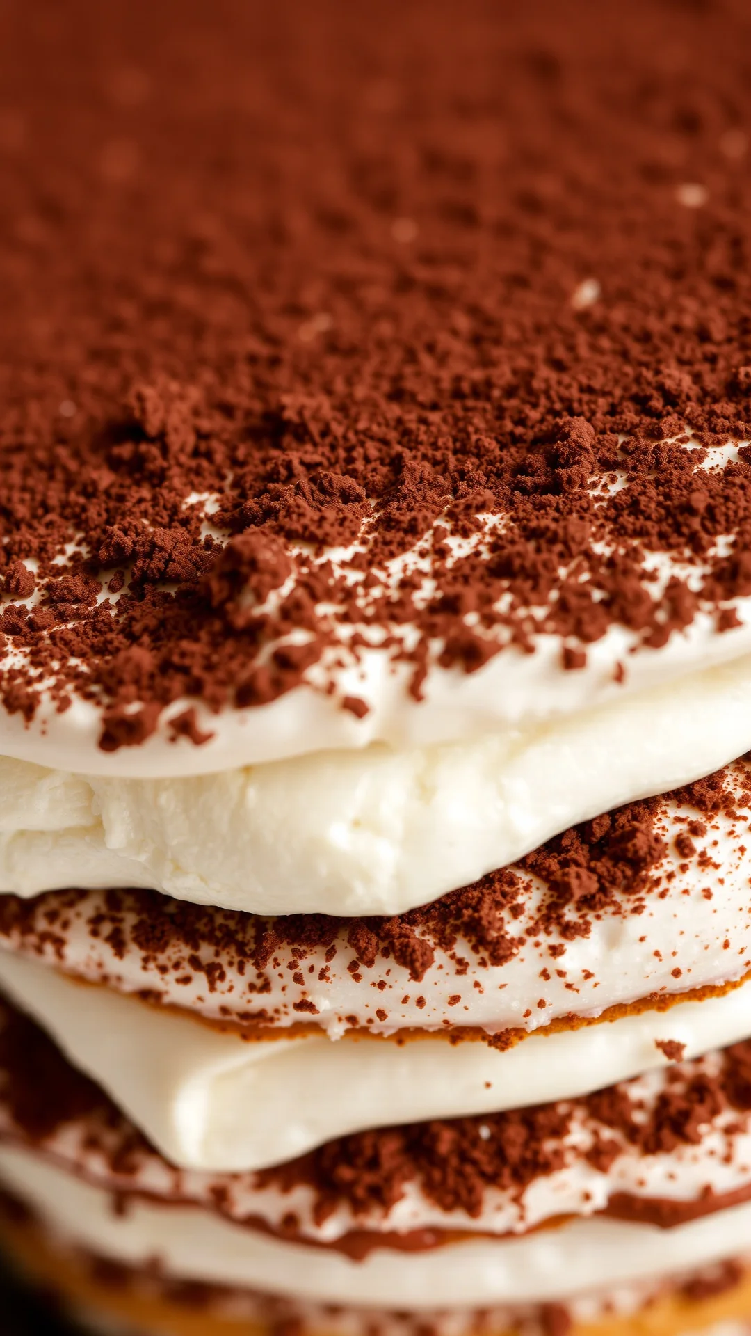 Extreme close-up of creamy tiramisu with cocoa powder, mascarpone layers, ladyfinger texture, Italian dessert detail shot, ri