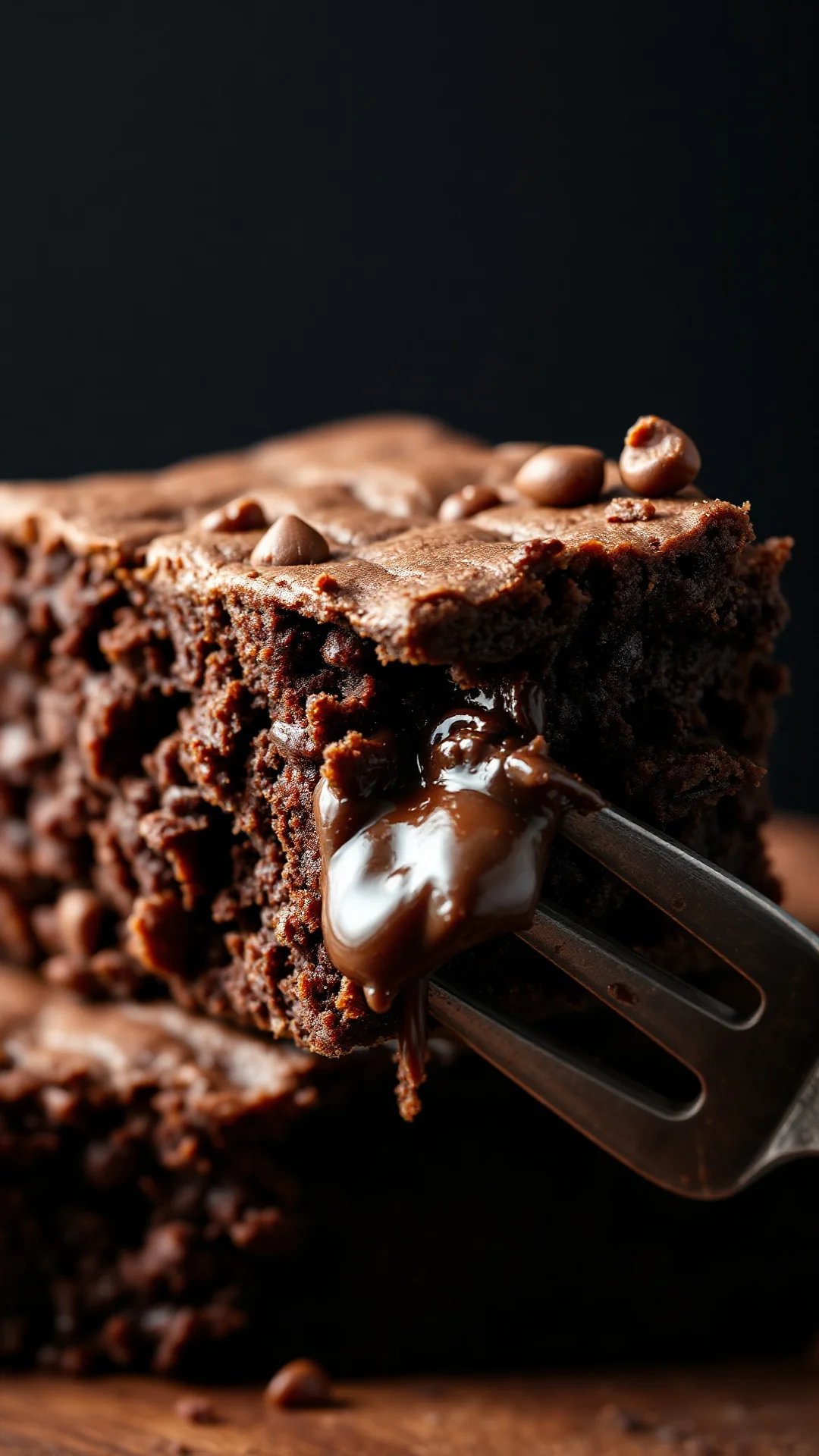 Extreme close-up of fudgy chocolate brownie slice showing rich layers, gooey chocolate center, detailed texture, studio light